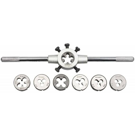 Метчики, плашки: Набор плашек на карточке Зубр 28128-H8 8 предметов, сталь 9ХС фотографии