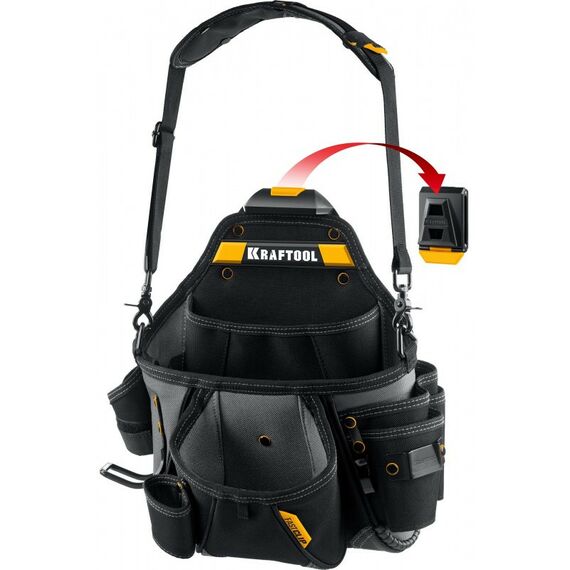 Ящики и сумки для инструмента: Поясная сумка KRAFTOOL KPB-20 с быстросъёмным креплением FastClip, плечевой ремень, 20 карманов и петель, 320 х 310 мм [38767] фотографии