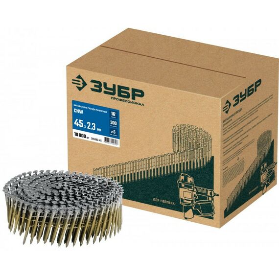 Гвозди прямого монтажа: Барабанные гвозди рифленые Зубр CNW 45 х 2.3 мм 10800 шт [305382-45] фотографии