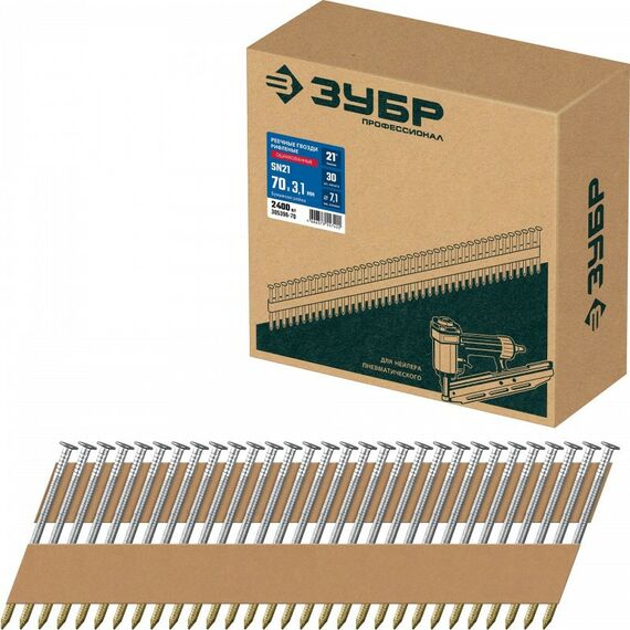 Гвозди прямого монтажа: Реечные гвозди рифленые оцинкованные Зубр SN21 70 х 3.1 мм 2400 шт [305396-70] фотографии