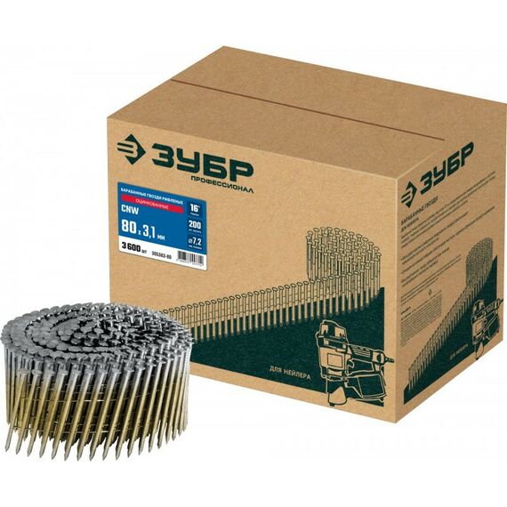 Гвозди прямого монтажа: Барабанные гвозди рифленые оцинкованные Зубр CNW 80 х 3.1 мм 3600 шт [305383-80] фотографии