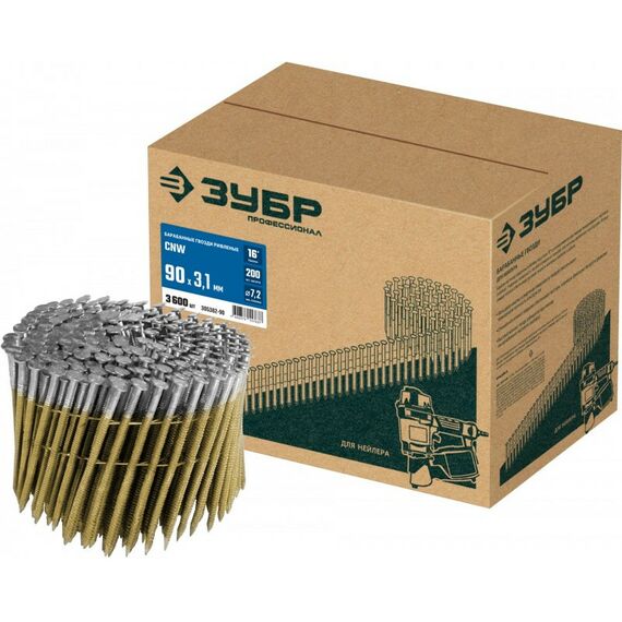 Гвозди прямого монтажа: Барабанные гвозди рифленые Зубр CNW 90 х 3.1 мм 3600 шт [305382-90] фотографии