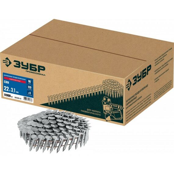 Гвозди прямого монтажа: Барабанные гвозди кровельные оцинкованные Зубр CRN 22 х 3.1 мм 9000 шт [305385-22] фотографии