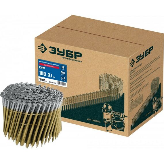 Гвозди прямого монтажа: Барабанные гвозди рифленые оцинкованные Зубр CNW 100 х 3.1 мм 2400 шт [305383-100] фотографии