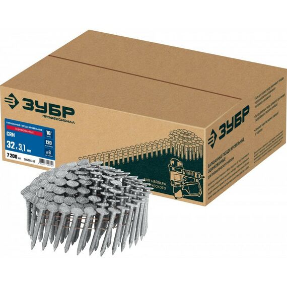 Гвозди прямого монтажа: Барабанные гвозди кровельные оцинкованные Зубр CRN 32 х 3.1 мм 7200 шт [305385-32] фотографии