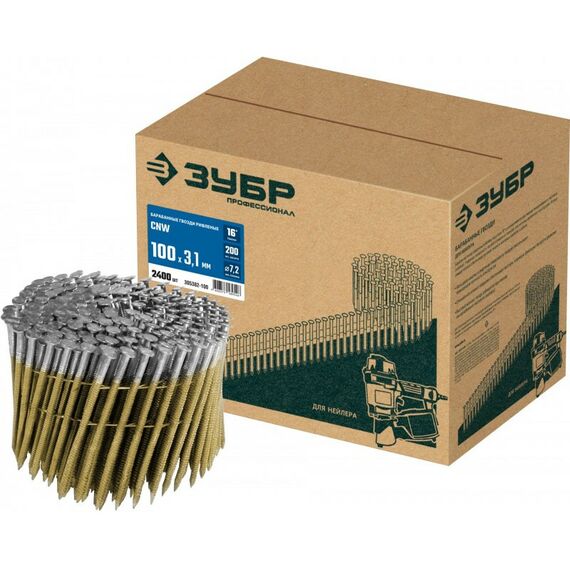 Барабанные гвозди рифленые Зубр CNW 100 х 3.1 мм 2400 шт [305382-100] фотографии