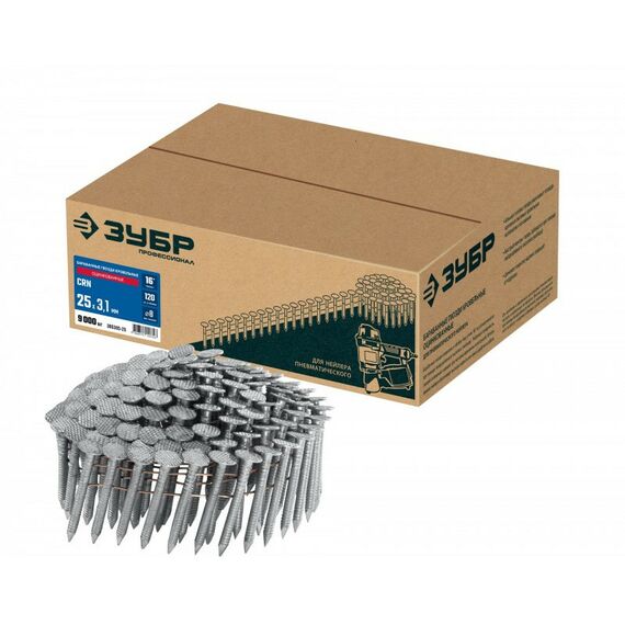 Барабанные гвозди кровельные Зубр CRN 25 х 3.1 мм оцинкованные, 9000 шт [305385-25] фотографии