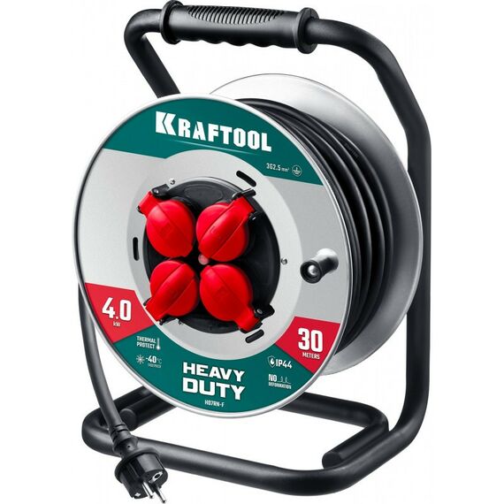 Силовой удлинитель на стальной катушке KRAFTOOL HEAVY DUTY КГ 3х2.5 30м 4000Вт IP44 [55086-30_z01] фотографии