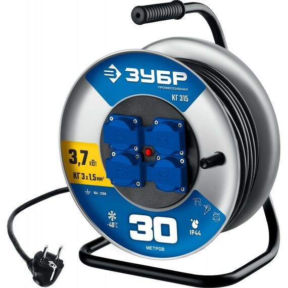 Силовой удлинитель на стальной катушке Зубр Профессионал КГ-315 КГ, 3 x 1.5 мм2, 30 м, 3700 Вт, IP44 [55080-30] фотографии