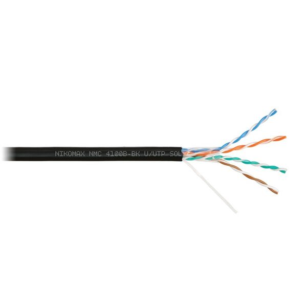 Кабель Nikomax NMC 4100B-BK U/UTP 4 пары, Кат.5e (Класс D), тест по ISO/IEC, 100МГц, одножильный, BC (чистая медь), 24AWG (0,51мм), полиэтилен, внешний, черный, 305м фотографии