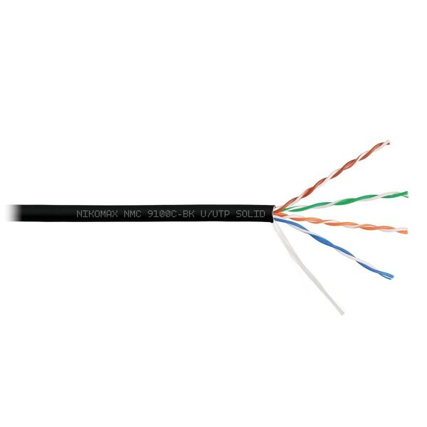 Кабель Nikomax NMC 9100C-BK U/UTP 4 пары, Кат.5e (Класс D), тест по ISO/IEC, 100МГц, одножильный, BC (чистая медь), 24AWG (0,52мм), полимерный материал нг(А)-HF, внутренний/внешний, черный, 305м фотографии