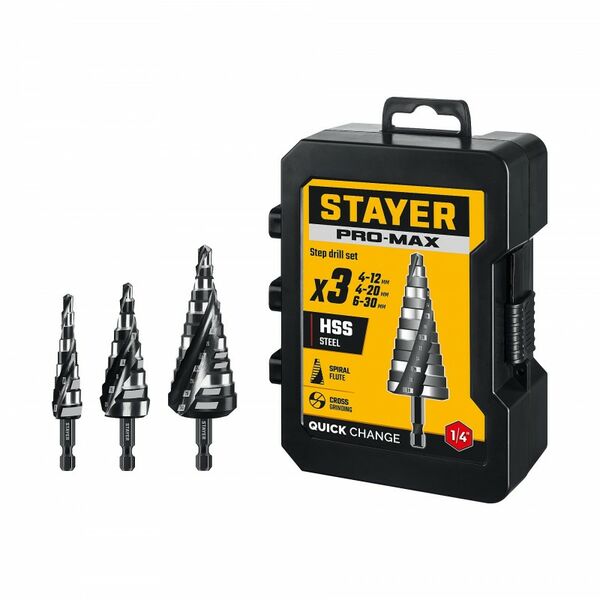 Набор сверл ступенчатых STAYER Pro-Max 4-30мм 3 шт, винтовая спираль [29661-4-30-H3] фотографии