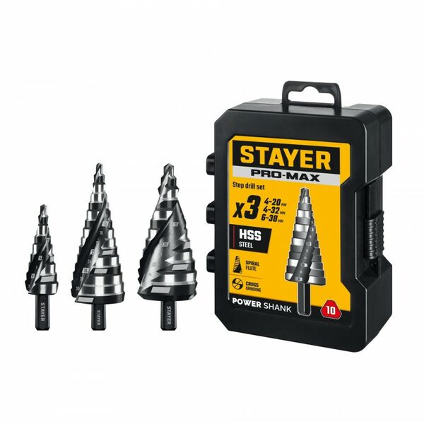 Набор сверл ступенчатых STAYER Pro-Max 4-38мм 3 шт, винтовая спираль [29661-4-38-H3] фотографии