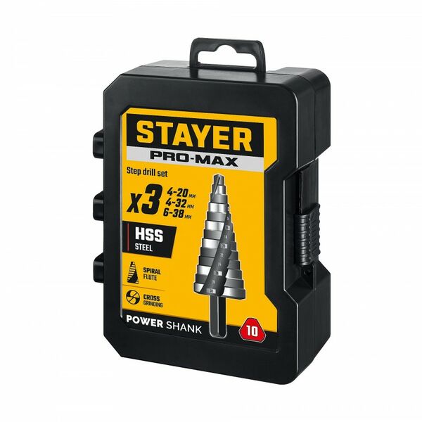 Набор сверл ступенчатых STAYER Pro-Max 4-38мм 3 шт, винтовая спираль [29661-4-38-H3] фотографии