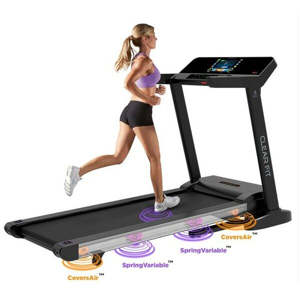 Беговые дорожки: Электрическая беговая дорожка Clear Fit LT 50 двигатель DC, полотно Gravel, РУССКИЙ TouchScreen TFT 10.1", цвет черный, угол наклона автоматический, MP3 IN, HRC, Bluetooth модуль APP фотографии