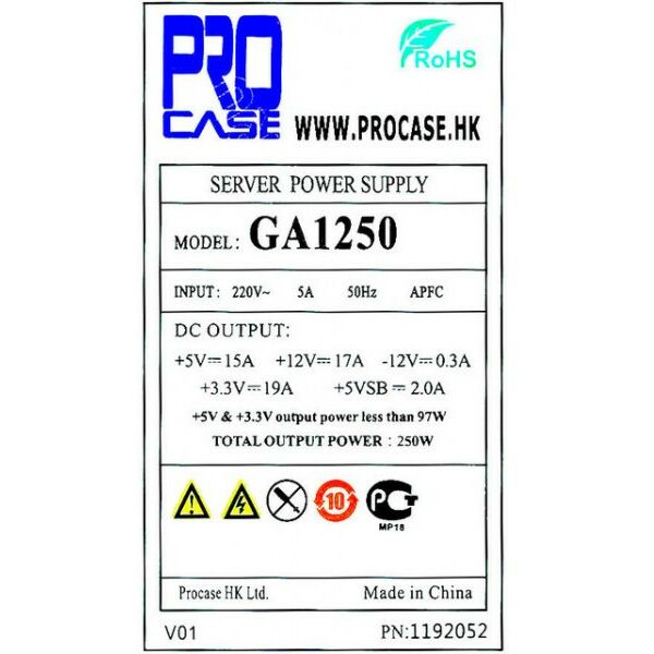 Блоки питания: Блок питания Procase GA1250 APFC 250W 24+4+4пин фотографии