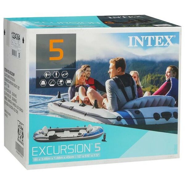 Лодки: Лодка надувная Intex Excursion 5 5 местная, 366 х 168 х 43 см, вёсла алюминиевые, насос, до 600 кг [68325NP] фотографии