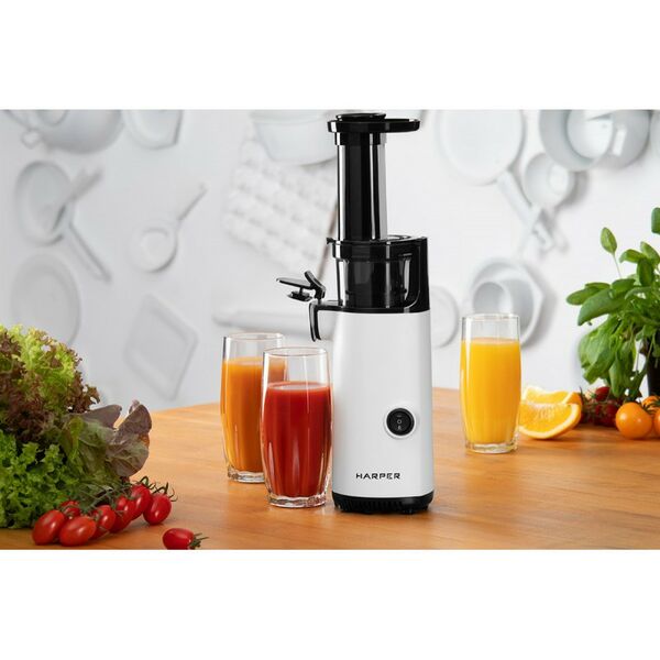 Соковыжималки: Соковыжималка шнековая HARPER HJE-S01 White 130Вт, реверс, скорость отжима 50-70 об/мин, емкость для сока 600мл, емкость для жмыха 450 мл фотографии