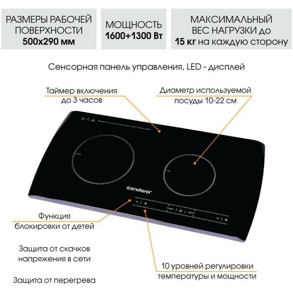 Электроплитки: Плитка индукционная Endever IP-54 двухконфорочная, мощность 1600+1300 Вт, 10 уровней регулировки температуры и мощности фотографии