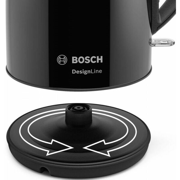 Чайники, термопоты: Чайник BOSCH TWK3P423 2400 Вт, 1.7 л, DesignLine, нержавеющая сталь, цвет черный,  скрытый нагревательный элемент, фильтр от накипи фотографии