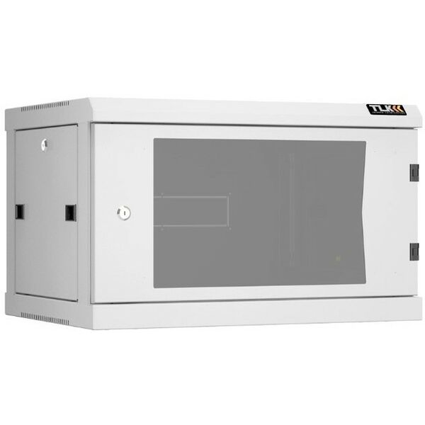Шкафы и стойки: Настенный разборный шкаф TLK TWC-066045-R-G-GY 19", 6U, стеклянная дверь, Ш600хВ370хГ450мм, 2 пары монтажных направляющих, серый фотографии
