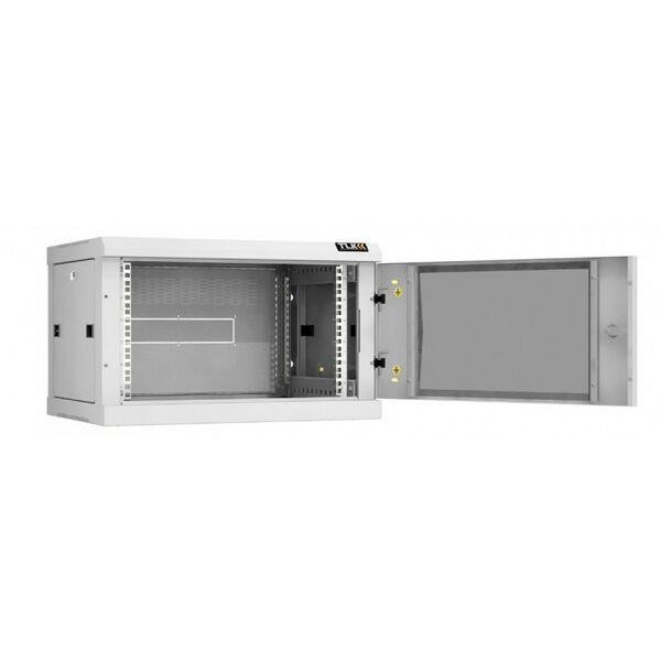 Шкафы и стойки: Настенный разборный шкаф TLK TWC-066045-R-G-GY 19", 6U, стеклянная дверь, Ш600хВ370хГ450мм, 2 пары монтажных направляющих, серый фотографии