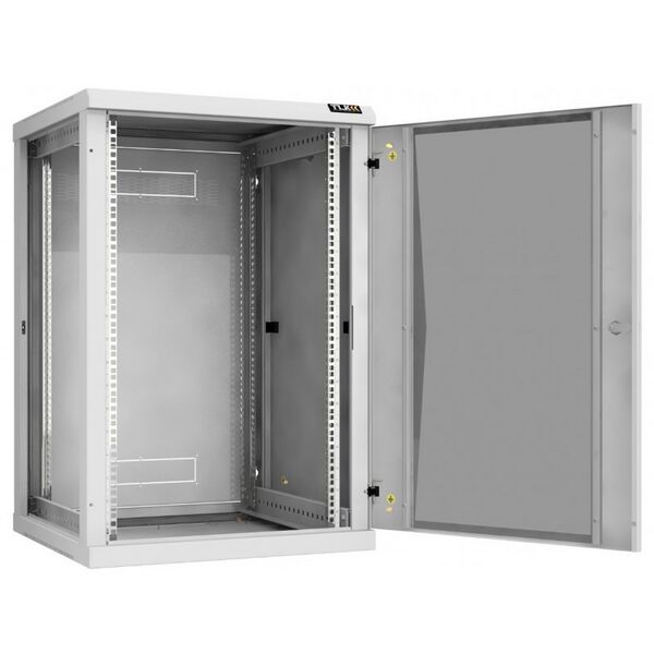 Шкафы и стойки: Настенный разборный шкаф TLK TWC-186060-R-G-GY 19", 18U, стеклянная дверь, Ш600хВ904хГ600мм, 2 пары монтажных направляющих, серый фотографии