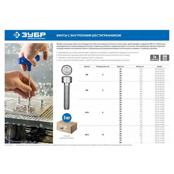 Купить Винт Зубр М10x90 мм DIN 912, 5 кг (80 шт.), кл. пр. 8.8, оцинкованный [30318-10-090], изображение 2 в интернет-магазине Irkshop.ru