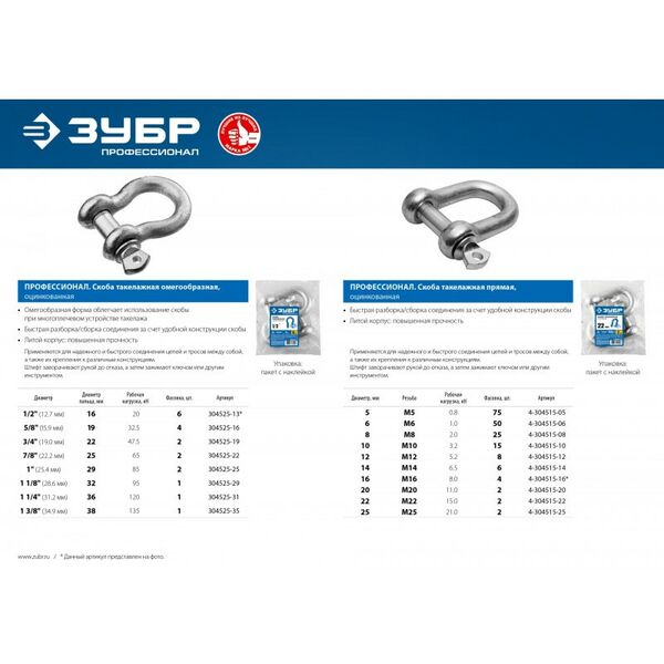 Купить Скоба такелажная омегообразная Зубр 3/4" (19.0 мм) 2 шт, палец 22 мм, г/п 4.75 тн, оцинкованная [304525-19], изображение 4 в интернет-магазине Irkshop.ru