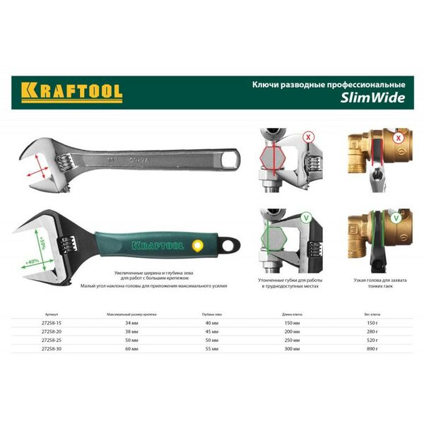 Столярно-слесарный инструмент: Ключ разводной KRAFTOOL SlimWide 200 / 38 мм [27258-20] фотографии