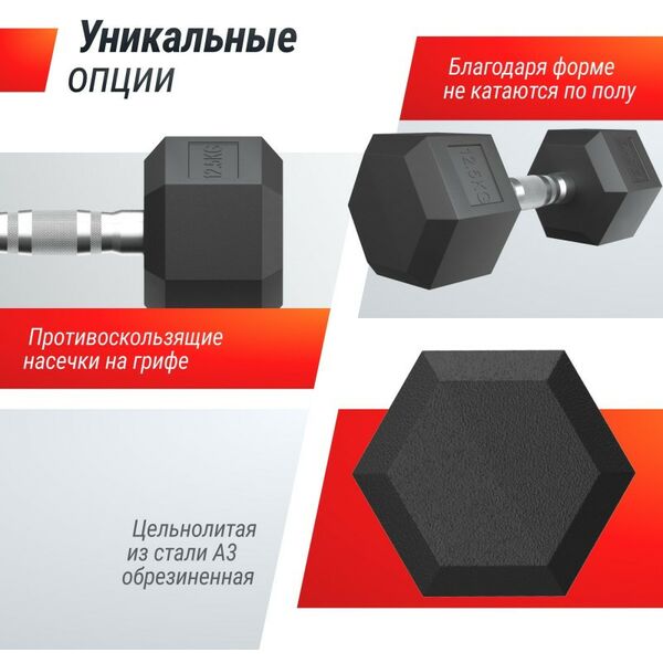 Гантели: Гантель гексагональная UNIXFIT 12,5 кг обрезиненная, пара фотографии