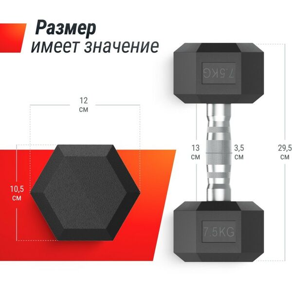 Гантели: Гантель гексагональная UNIXFIT 7,5 кг обрезиненная, пара фотографии