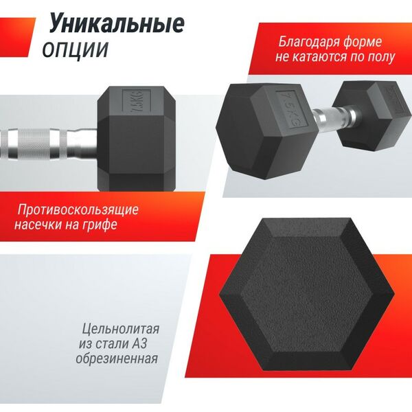 Гантели: Гантель гексагональная UNIXFIT 7,5 кг обрезиненная, пара фотографии