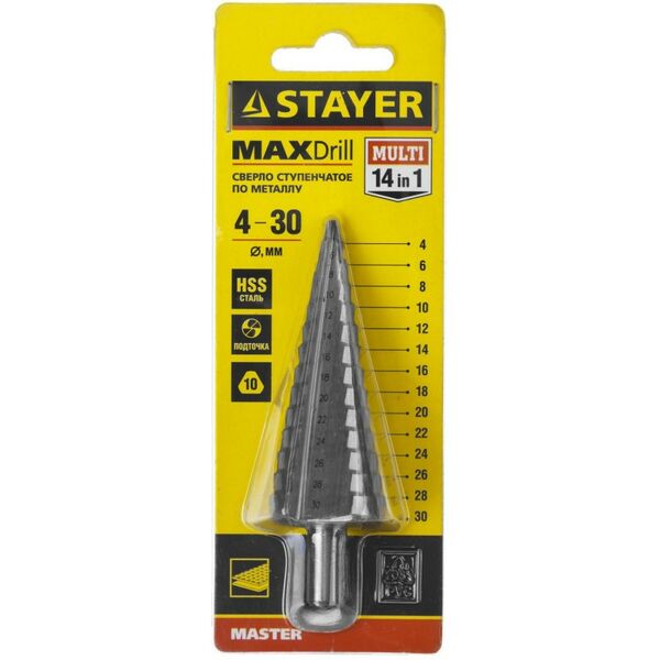 Буры, пики, коронки, сверла: Сверло ступенчатое STAYER 4-30мм 14 ступеней [29660-4-30-14] фотографии