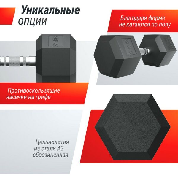 Гантели: Гантель гексагональная UNIXFIT 22,5 кг обрезиненная, пара фотографии