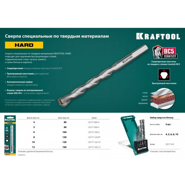 Наборы оснастки: Набор сверл по твёрдым материалам KRAFTOOL Hard 5 шт 4-5-6-8-10 мм [29177-H5] фотографии