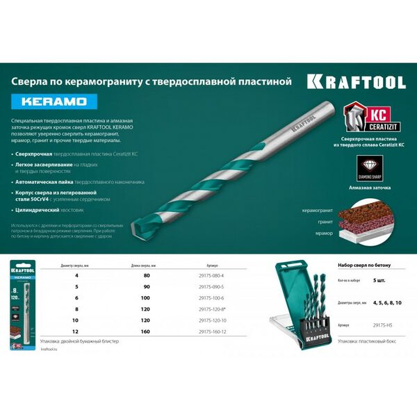 Наборы оснастки: Набор сверл по керамограниту KRAFTOOL Keramo 5 шт 4-5-6-8-10 мм, с твердосплавной пластиной [29175-H5] фотографии
