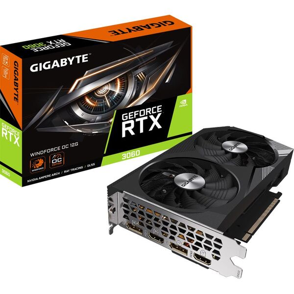 Купить Видеокарта GigaByte GeForce RTX 3060 12Gb PCI-E 4.0 192bit GDDR6 1792/15000 HDMIx2 DPx2 HDCP RTL [GV-N3060WF2OC-12GD 2.0] в интернет-магазине Irkshop.ru