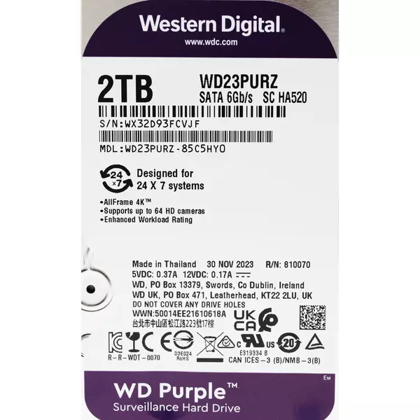 Купить Жесткий диск Western Digital 2Tb Surveillance Purple SATA-III 5400rpm 64Mb 3.5" [WD23PURZ], изображение 2 в интернет-магазине Irkshop.ru