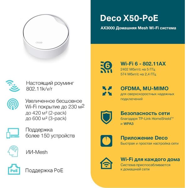 Купить Бесшовный Mesh роутер TP-Link Deco X50-PoE(1-pack) AX3000 1000/2500BASE-T белый, изображение 8 в интернет-магазине Irkshop.ru