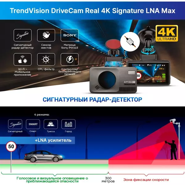 Купить Видеорегистратор с радар-детектором TrendVision DriveCam Real 4K Signature LNA MAX GPS ГЛОНАСС черный, изображение 4 в интернет-магазине Irkshop.ru