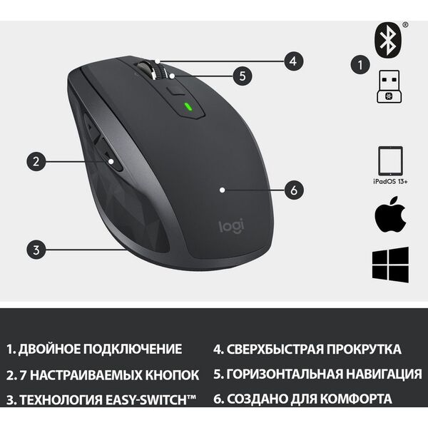 Купить Мышь Logitech MX Anywhere 2S графитовый оптическая 4000dpi беспров. BT/Radio USB 7but [910-006211], изображение 2 в интернет-магазине Irkshop.ru