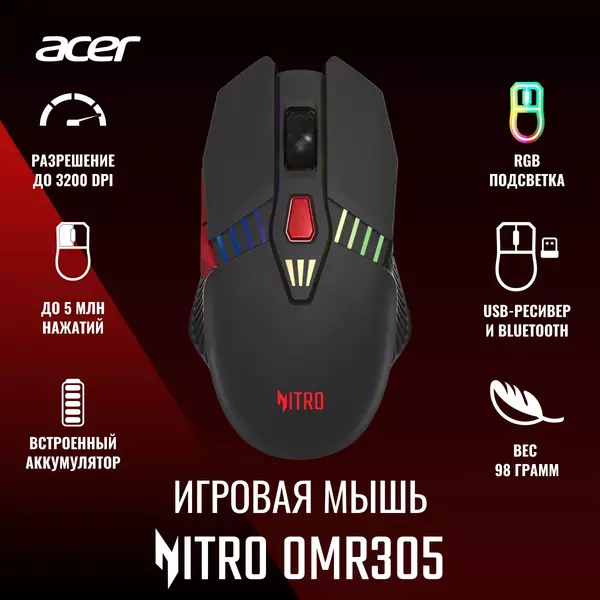 Купить Мышь Acer Nitro OMR305 черный оптическая 3200dpi беспров. BT/Radio USB 6but [ZL.MCECC.020], изображение 19 в интернет-магазине Irkshop.ru