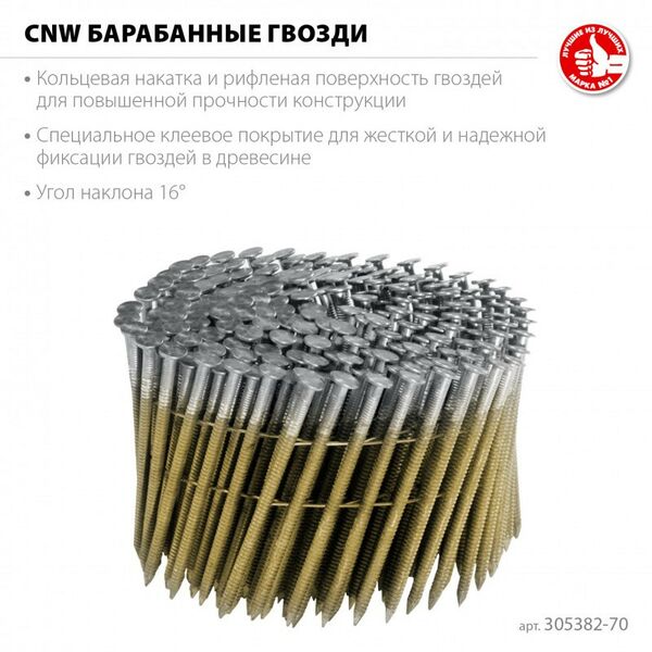 Гвозди прямого монтажа: Барабанные гвозди рифленые Зубр CNW 70 х 3.1 мм 4800 шт [305382-70] фотографии
