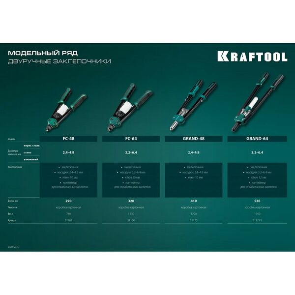 Компактный двуручный заклепочник KRAFTOOL FC-48 2.4 - 4.8 мм, 290 мм [31161_z01] фотографии