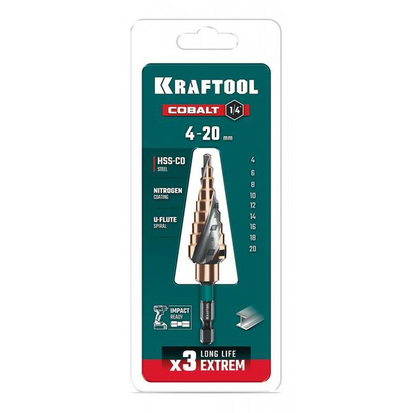 Сверло ступенчатое KRAFTOOL COBALT 4-20мм 9 ступеней, азотирование, винтовая спираль [29691-4-20-9] фотографии