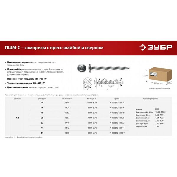 Саморез с пресс-шайбой и сверлом Зубр ПШМ-С 51 х 4.2 мм цинк, 12.69 кг [4-300210-42-051] фотографии