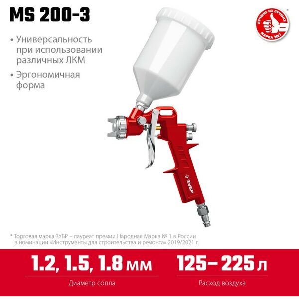 Пневматический краскопульт с верхним бачком Зубр MS 200-3 1.2, 1.5, 1.8 мм [06458] фотографии