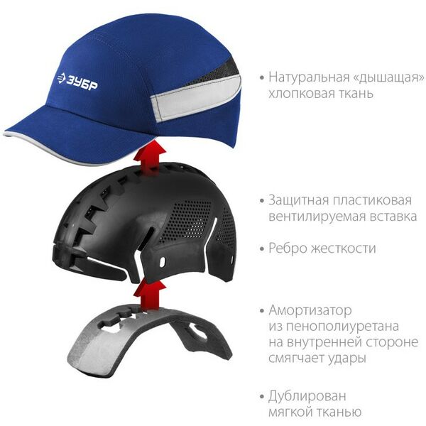 Защитная каскетка Зубр Профессионал БИНОМ синяя, ударопрочный корпус, укороченный козырёк 55 мм, размер от 54 до 59 см [11095] фотографии