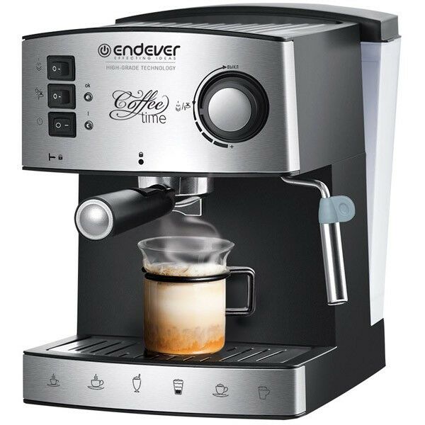 Кофеварки: Кофеварка рожковая Endever Costa-1060 рожкового типа, для молотого кофе, объём 1.6 л, цвет серебристый фотографии
